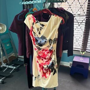 White House Black Market Asymmetrical Dress - Cream, Red, Blue Floral